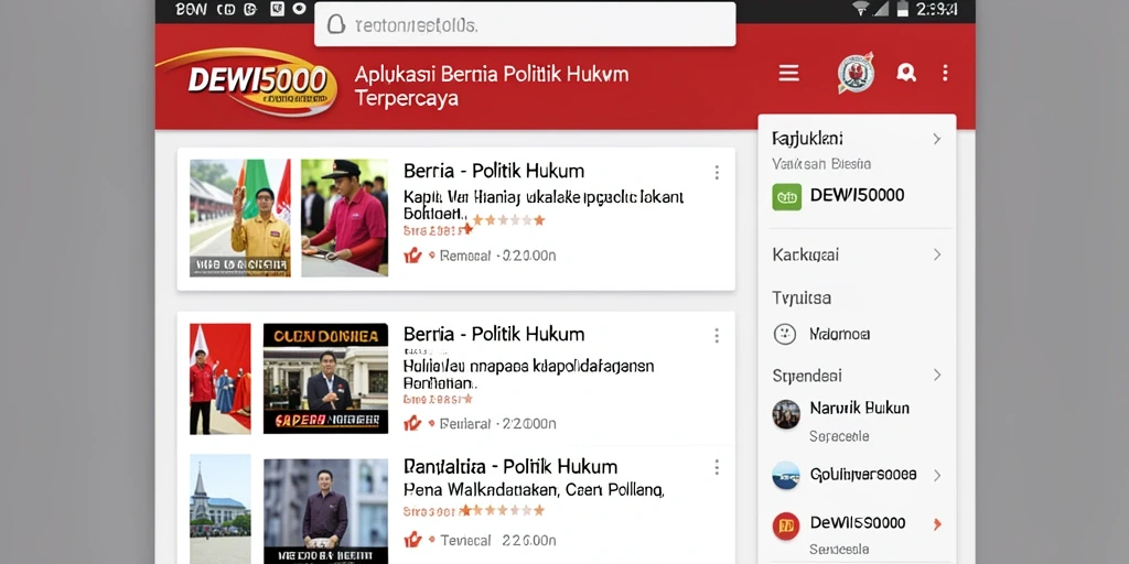 Antarmuka aplikasi DEWI5000 menampilkan berita terkini dan informasi hukum.