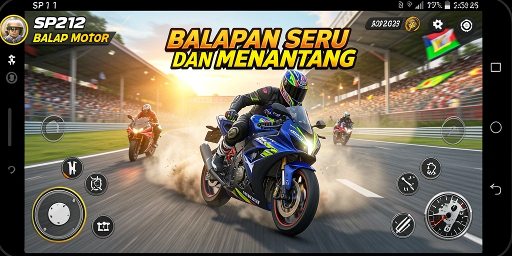 Tampilan antarmuka SP212 saat balapan motor yang menegangkan.